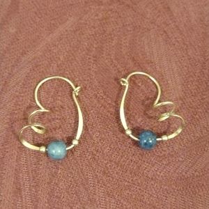 Vintage Gold and Lapis Spiral Hoop Earrings